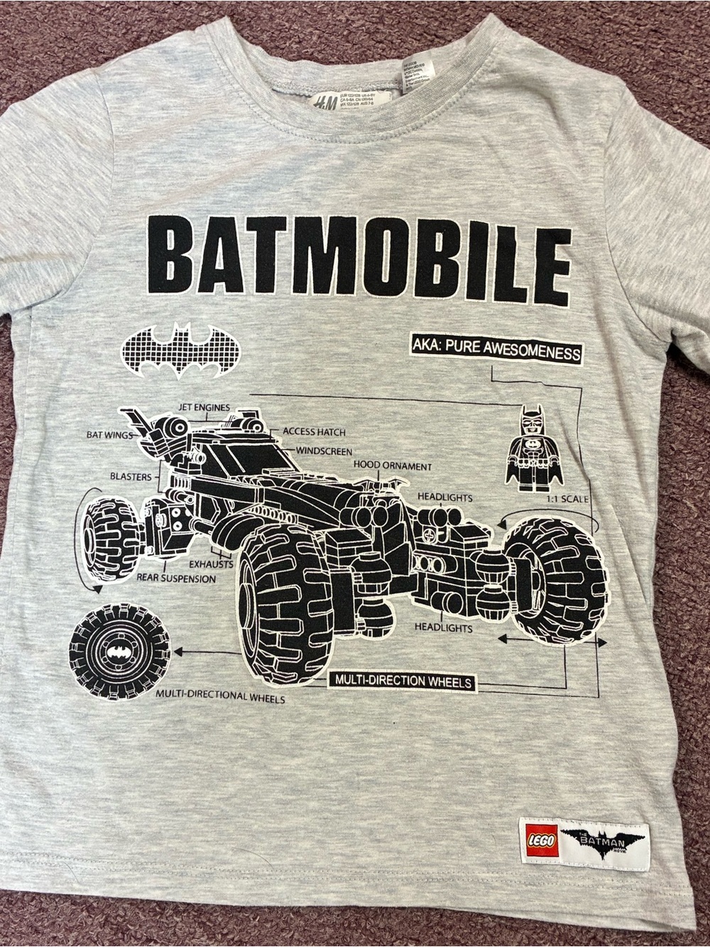 H&M Light Gray Batmobile Schematic Graphic Tee